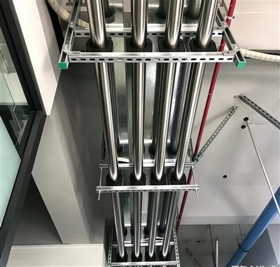 Strut channel trapeze racks supporting riser piping